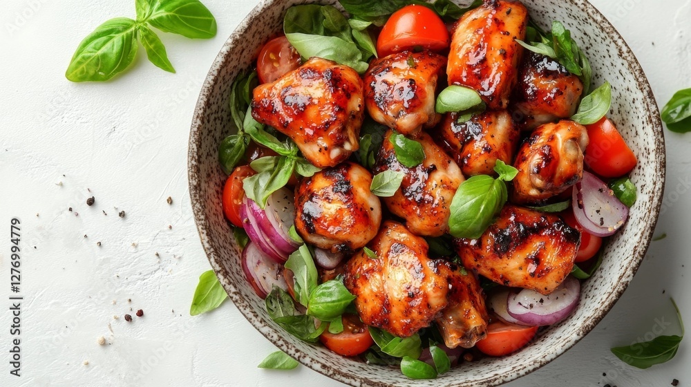 Grilled Chicken with Barbecue Sauce on a Salad with Fresh Vegetables. Generative AI Grilled Chicken with Barbecue Sauce on a Salad with Fresh Vegetables. Generative AI