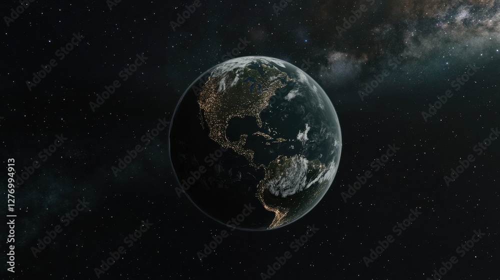 Obraz premium Earth illuminated at night from space with north and south america in view