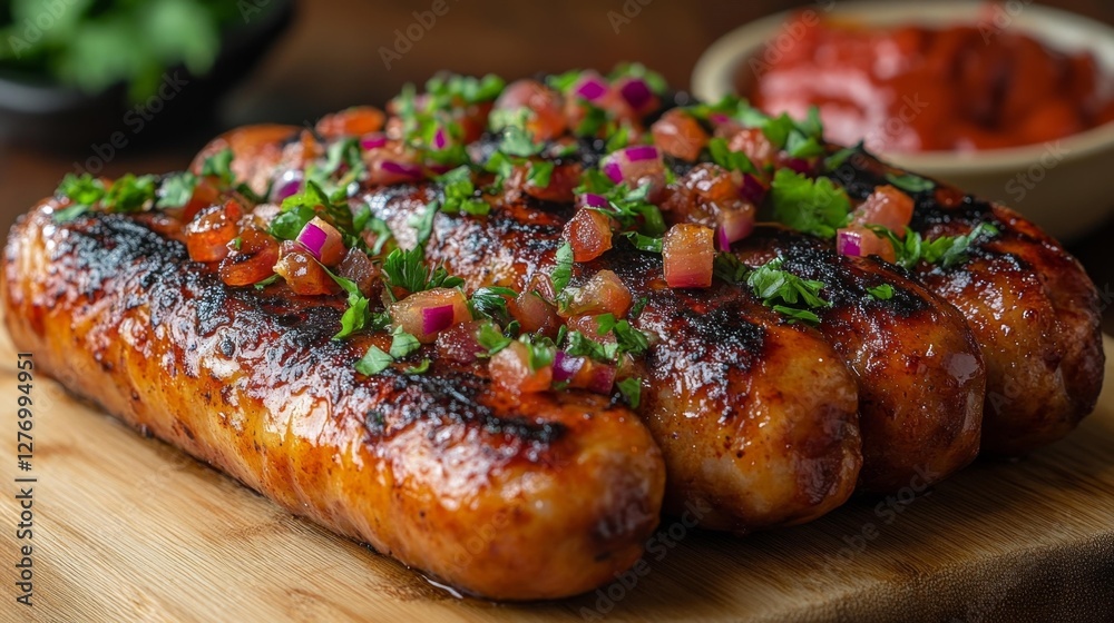Grilled Sausages with Fresh Salsa and Garnish on a Wooden Board. Generative AI Grilled Sausages with Fresh Salsa and Garnish on a Wooden Board. Generative AI