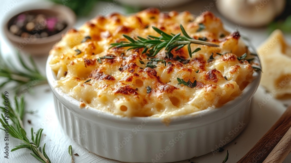 Baked Mac and Cheese with Crispy Cheese Crust and Fresh Herbs. Generative AI Baked Mac and Cheese with Crispy Cheese Crust and Fresh Herbs. Generative AI