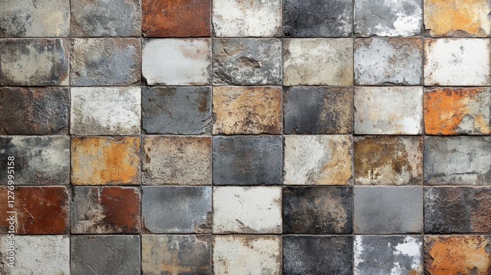 Fototapeta premium Rustic patterned wall with weathered tiles in various earthy tones and textures