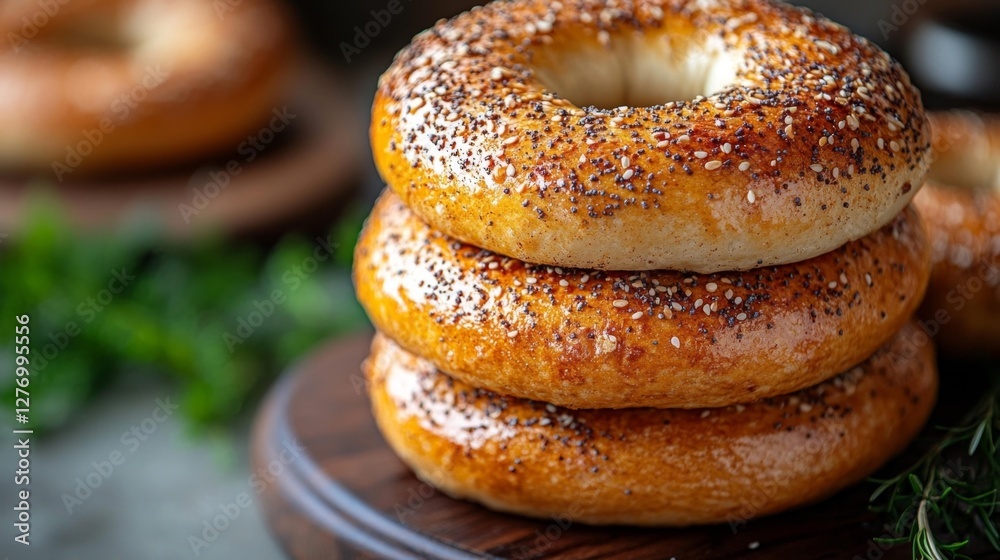 Bagels sprinkled with sesame seeds on a wooden board. Generative AI Bagels sprinkled with sesame seeds on a wooden board. Generative AI