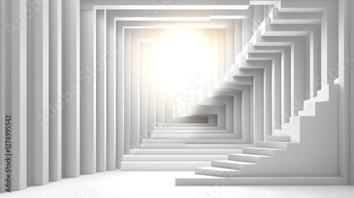Abstract stairway to bright light. Conceptual path forward. Interior scene