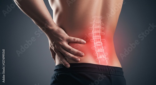 A man touching his lower back, with a red glow indicating pain, possibly related to spinal issues or strain.
