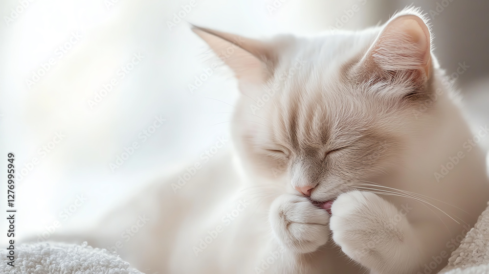 Obraz premium Himalayan Siamese cat licking its paw, softfocus background, minimal and elegant look