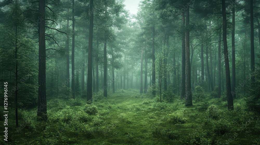 Misty forest pathway surrounded by tall evergreen trees in serene natural setting Misty forest pathway surrounded by tall evergreen trees in serene natural setting