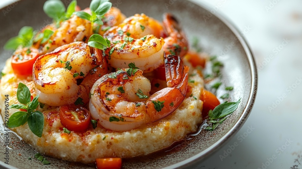 Shrimp with Grits Tomatoes and Fresh Herbs. Generative AI Shrimp with Grits Tomatoes and Fresh Herbs. Generative AI