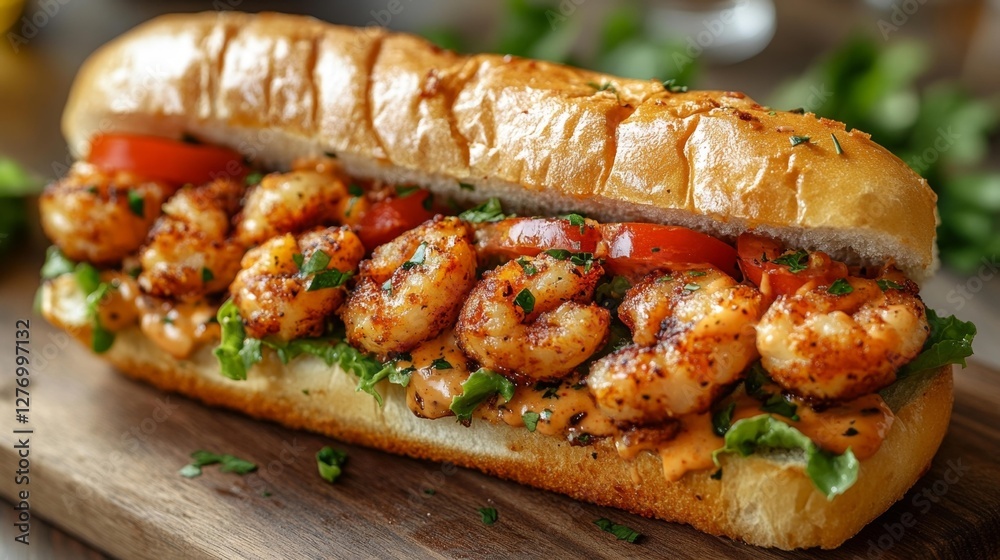 Grilled Shrimp Sandwich with Fresh Vegetables and Seasoning. Generative AI Grilled Shrimp Sandwich with Fresh Vegetables and Seasoning. Generative AI