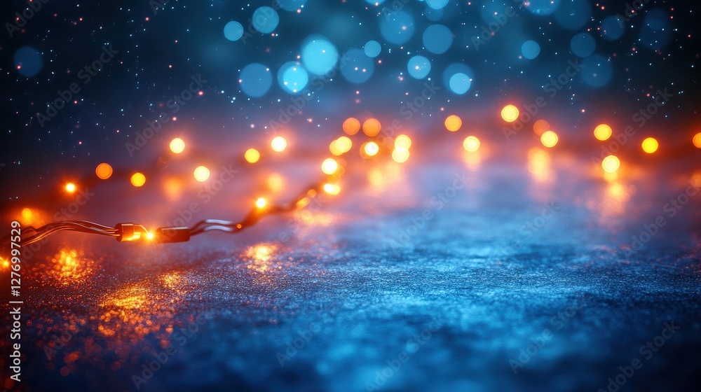 Naklejka premium Twinkling fairy lights on a reflective surface, creating a magical atmosphere with bokeh