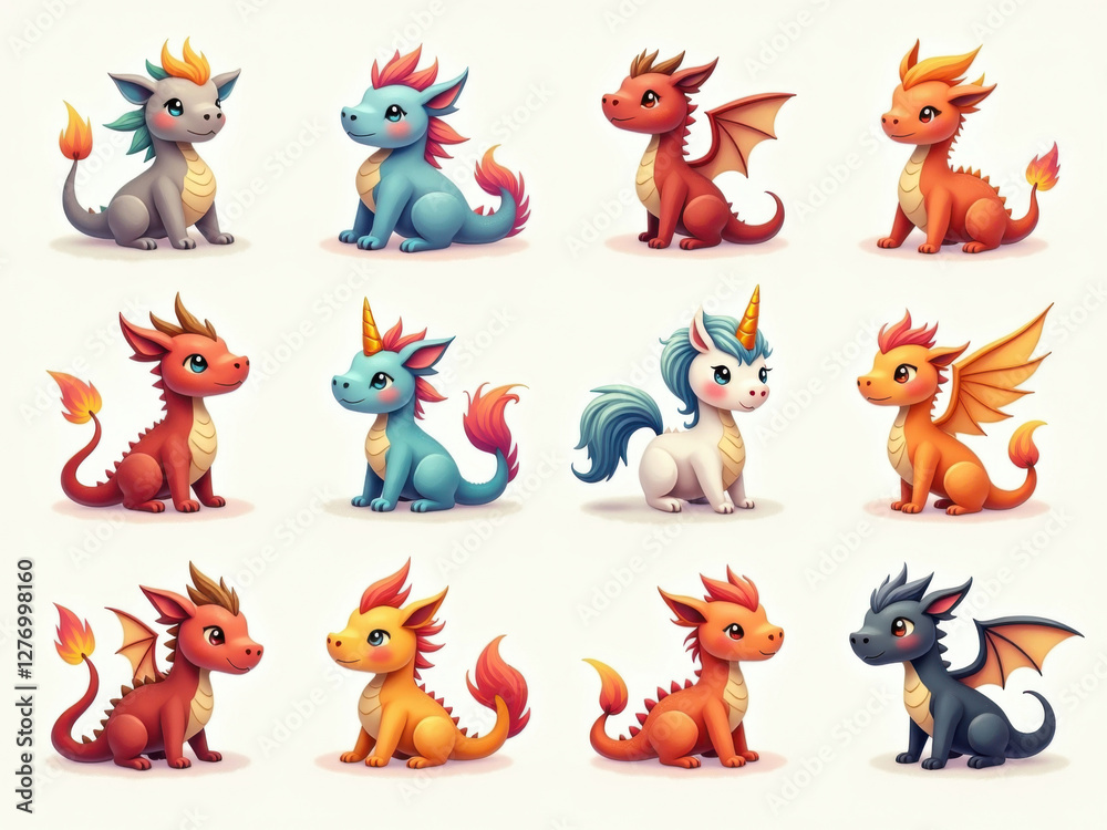 Obraz premium Colección de iconos de animales de fantasía que incluyen dragones y unicornios aislados sobre fondo claro 