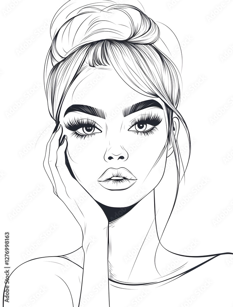 This black-and-white digital illustration captures the beauty of a young woman with striking features. This black-and-white digital illustration captures the beauty of a young woman with striking features.
