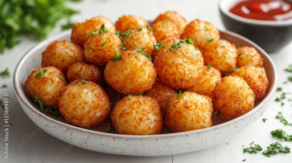 Golden and Crispy Fried Potato Balls with Garnish. Generative AI Golden and Crispy Fried Potato Balls with Garnish. Generative AI