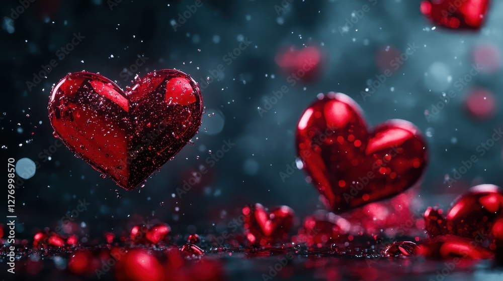 A captivating image of shiny red hearts surrounded by sparkling effects, creating a whimsical and romantic atmosphere perfect for showcasing love. A captivating image of shiny red hearts surrounded by sparkling effects, creating a whimsical and romantic atmosphere perfect for showcasing love.