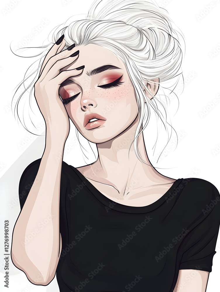 A young woman with her platinum-blonde hair styled in a sleek updo. She wears a form-fitting black top with a deep V-neck, and her eyes are softly closed, exuding an air of calm and confidence. A young woman with her platinum-blonde hair styled in a sleek updo. She wears a form-fitting black top with a deep V-neck, and her eyes are softly closed, exuding an air of calm and confidence.