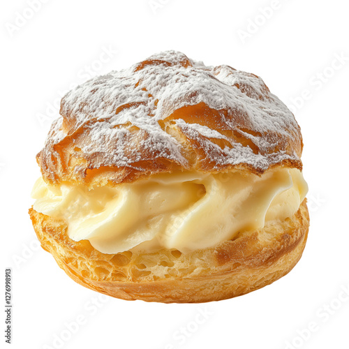 Fluffy cream puff filled with smooth vanilla custard and dusted with powdered sugar, isolated on a transparent background. photo