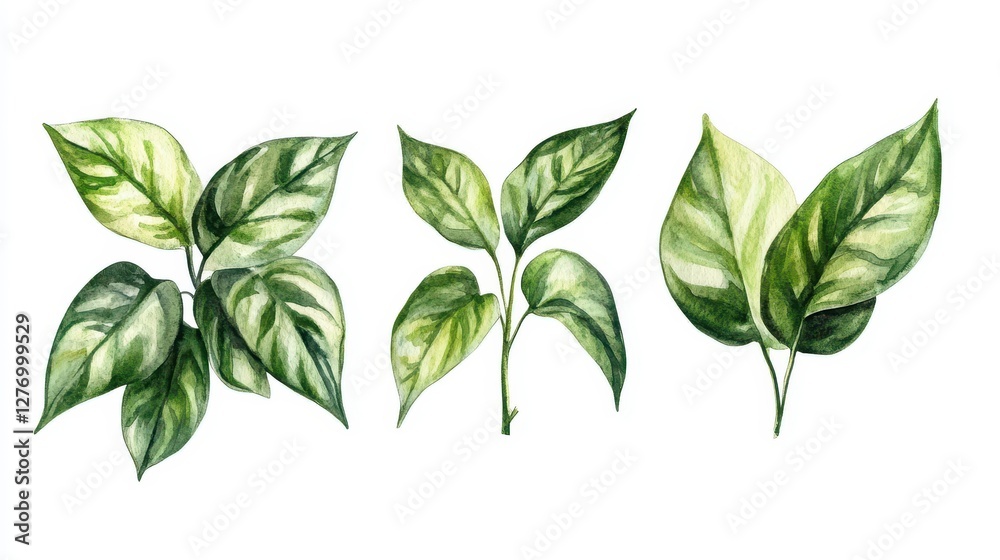 Watercolor green leaves triptych: three varieties of leaf patterns in nature art Watercolor green leaves triptych: three varieties of leaf patterns in nature art