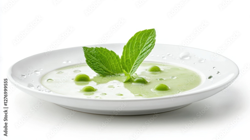 Fresh green pea soup garnished with mint leave Fresh green pea soup garnished with mint leave