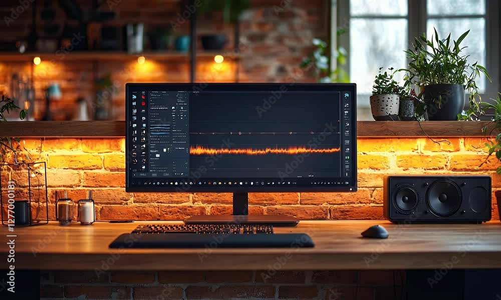 Audio workstation with computer screen displaying an audio waveform, illuminated by warm lighting.