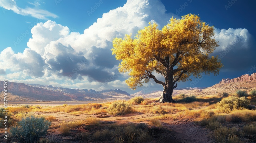Fototapeta premium Lone golden tree in vast desert landscape under dramatic cloudy sky