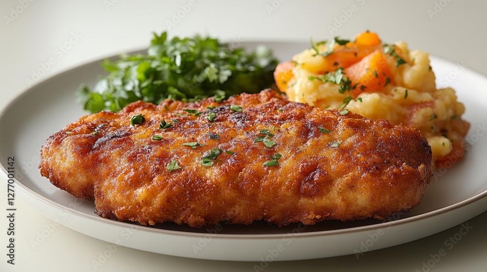 Crispy Fried Chicken Breast with Mashed Potatoes and Parsley. Generative AI Crispy Fried Chicken Breast with Mashed Potatoes and Parsley. Generative AI