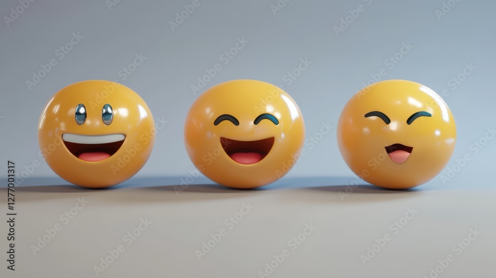 Three joyful yellow smiley face balls with various expressions on plain background Three joyful yellow smiley face balls with various expressions on plain background