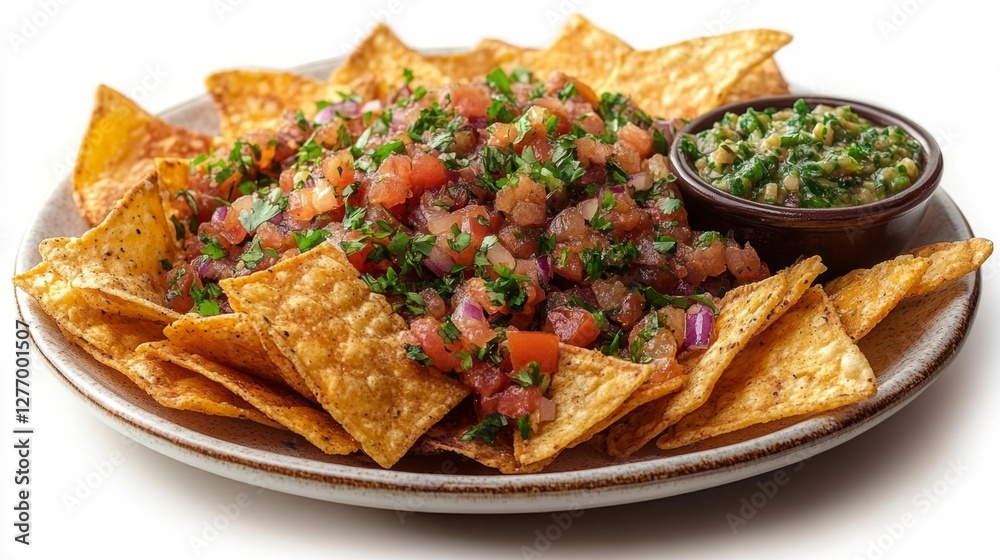 Tortilla chips with fresh salsa cilantro and a side of green salsa. Generative AI Tortilla chips with fresh salsa cilantro and a side of green salsa. Generative AI
