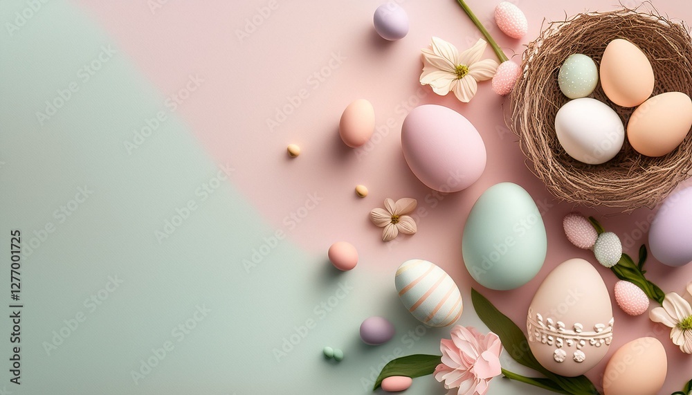 Flat lay temático de Páscoa com cores pastéis suaves
