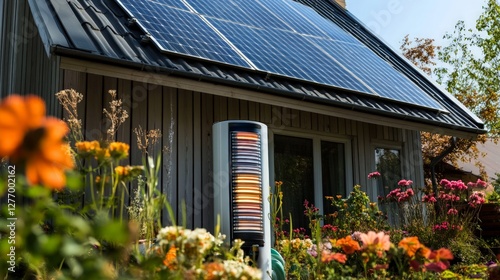 Wallpaper Mural Modern Home with Solar Panels and Outdoor Heater in Vibrant Garden Torontodigital.ca