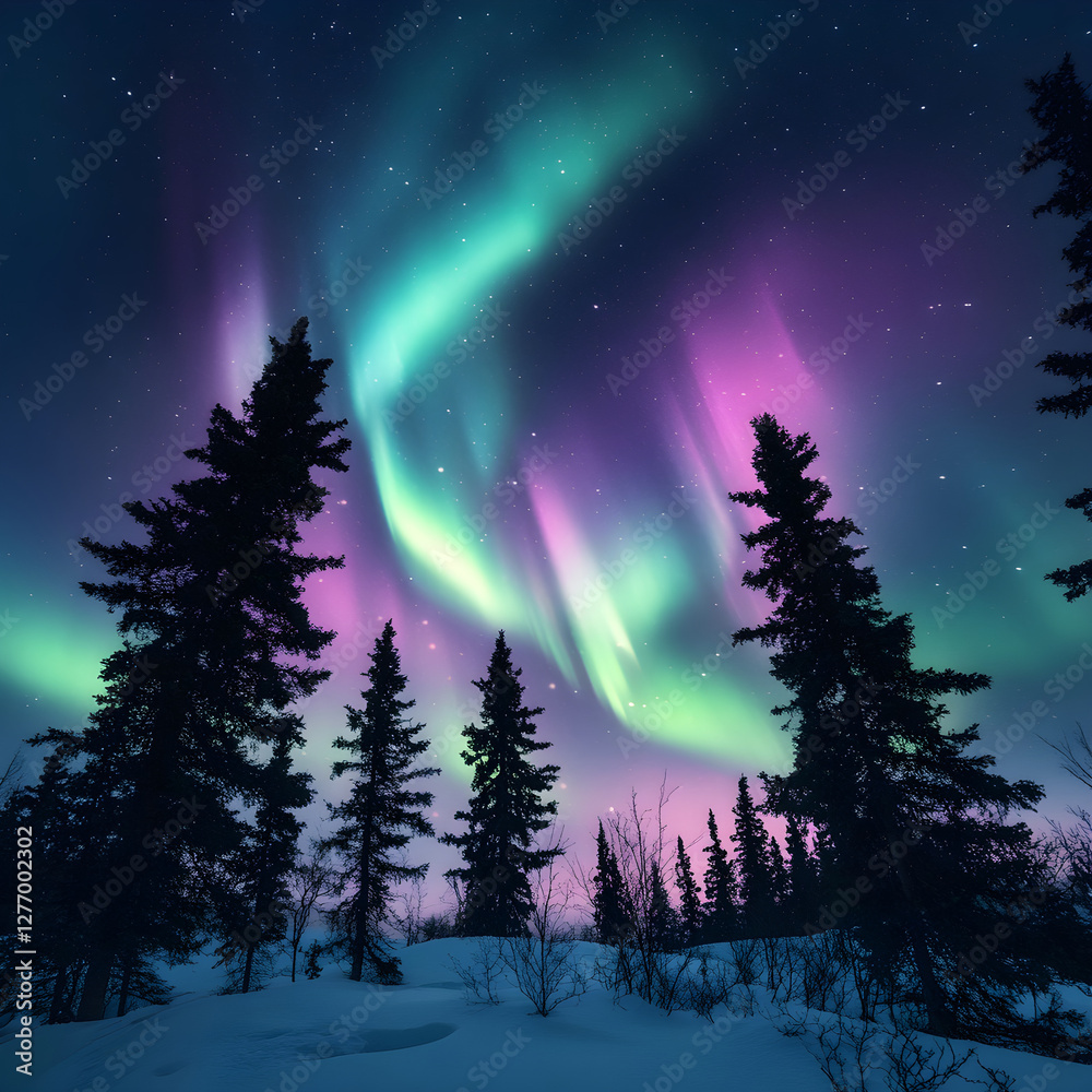 Naklejka premium Celestial Symphony: The Aurora Borealis Dances Across a Winter's Night