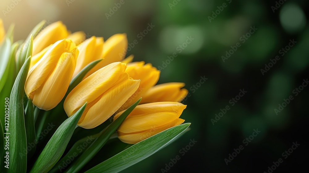 A stunning cluster of vibrant yellow tulips stands out in soft focus against a gentle green backdrop, conveying a feeling of joy and the arrival of spring. A stunning cluster of vibrant yellow tulips stands out in soft focus against a gentle green backdrop, conveying a feeling of joy and the arrival of spring.