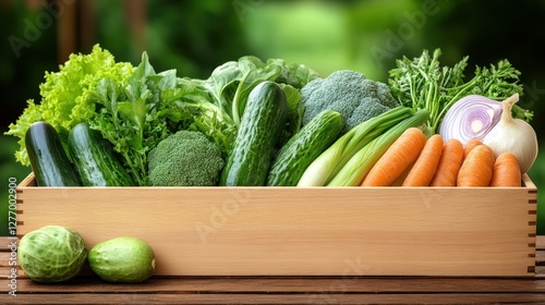Assorted produce in box, healthy eating, garden background, sales promo, food blog, farm to table photo