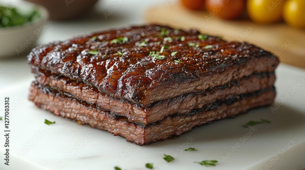 Grilled Beef Brisket Stacked with Glaze and Garnish. Generative AI Grilled Beef Brisket Stacked with Glaze and Garnish. Generative AI