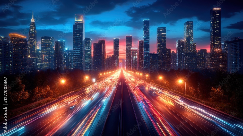 Stunning night cityscape with vibrant light trails and illuminated skyscrapers Stunning night cityscape with vibrant light trails and illuminated skyscrapers