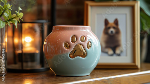 Heartwarming pet cremation urn shaped like a paw print, crafted from smooth ceramic with pastel glaze and golden paw imprints, placed beside a framed portrait in warm, gentle lighting.