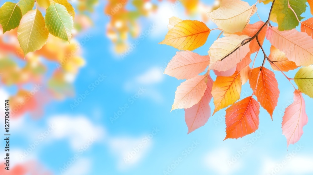 Autumn leaves on a branch against the blue sky for natural wall art, background, and seasonal designs Autumn leaves on a branch against the blue sky for natural wall art, background, and seasonal designs