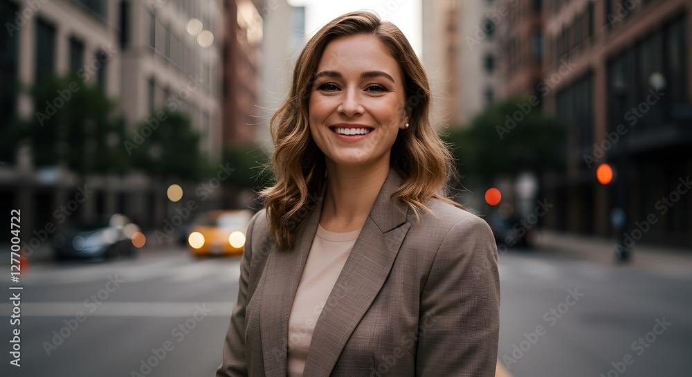 Fototapeta premium beautiful smile woman wearing a business suit, standing in the city, sunshine, with a little bit of blurred background with copy space