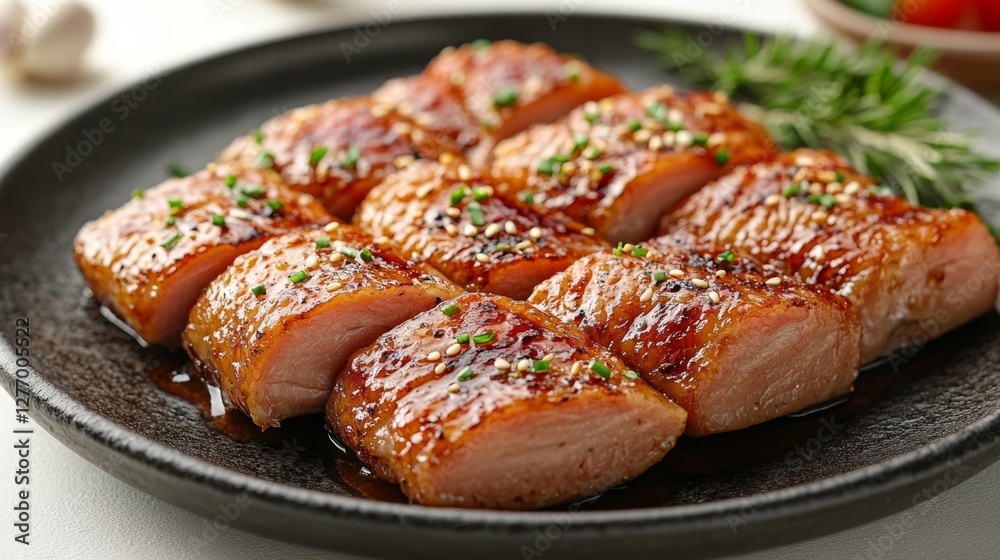 Juicy Grilled Chicken Breast Fillets with Sauce and Garnishes. Generative AI Juicy Grilled Chicken Breast Fillets with Sauce and Garnishes. Generative AI