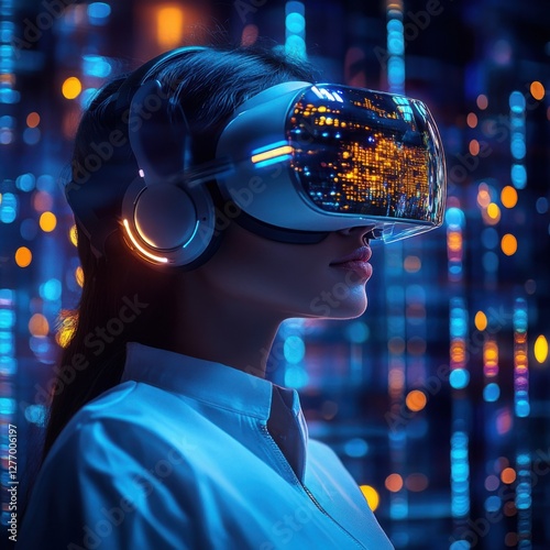 Experience next-gen service with a Businesswoman immersed in a holographic environment, providing cutting-edge support This image embodies futuristic customer support, showcasing seamless interaction