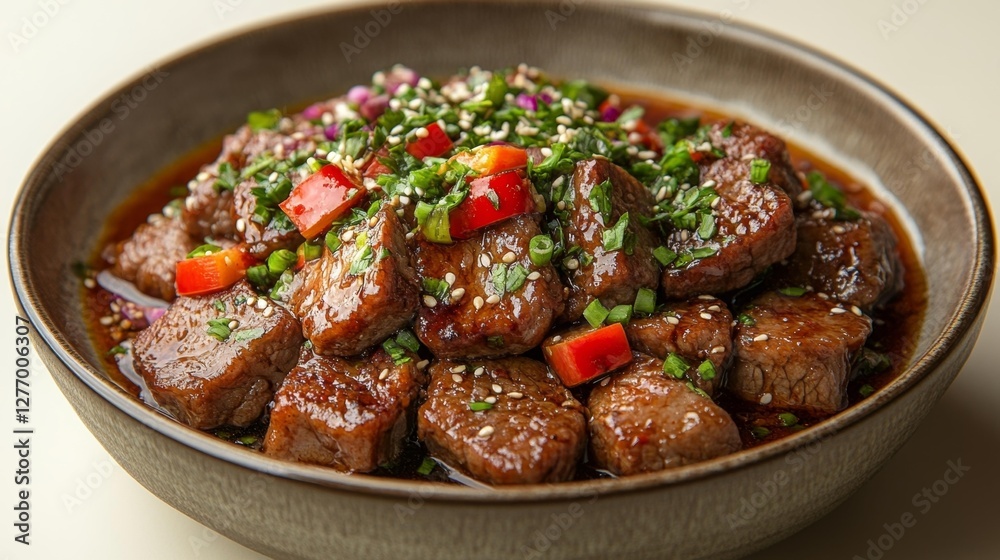Stir-fried beef with bell peppers and spring onions in a bowl. Generative AI Stir-fried beef with bell peppers and spring onions in a bowl. Generative AI