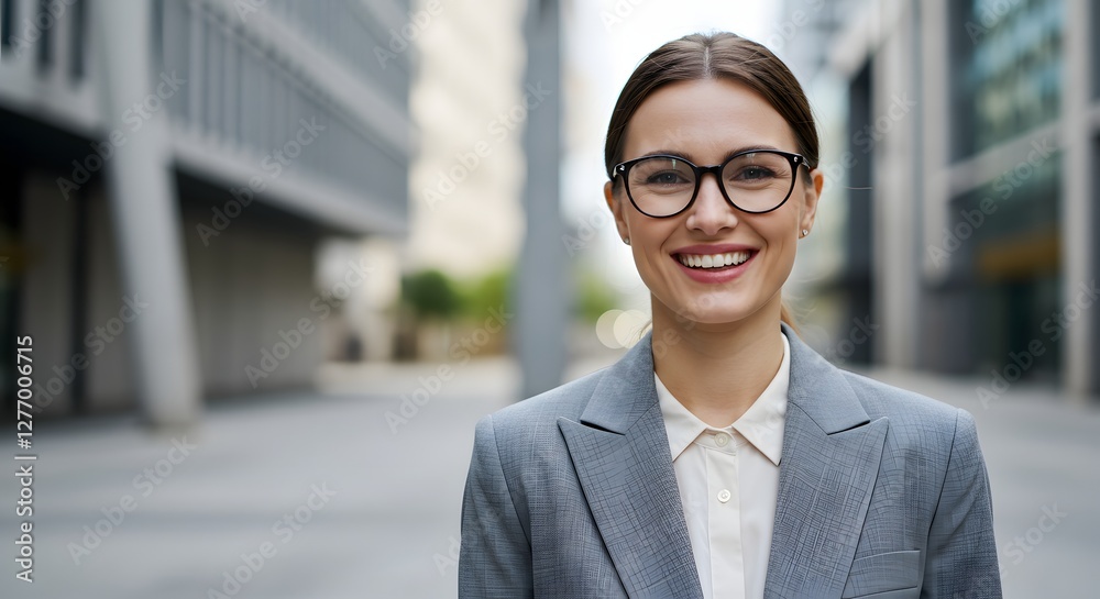 beautiful smile woman wearing a business suit, standing in the city, sunshine, with a little bit of blurred background with copy space