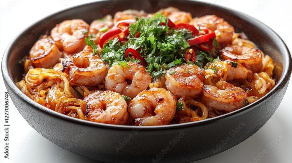 Sauteed Shrimp with Noodles and Spices Garnished with Fresh Herbs. Generative AI Sauteed Shrimp with Noodles and Spices Garnished with Fresh Herbs. Generative AI