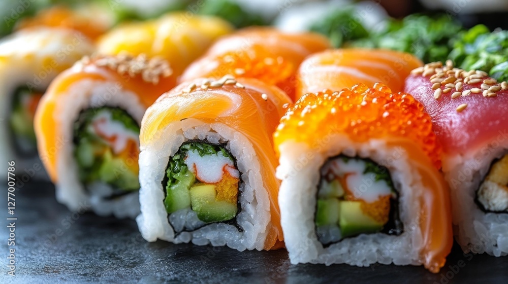 Close-up image of fresh sushi rolls with salmon tuna and roe on a black stone plate. Generative AI Close-up image of fresh sushi rolls with salmon tuna and roe on a black stone plate. Generative AI