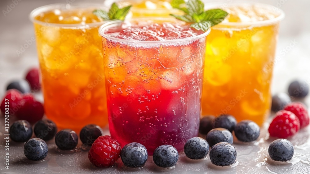 Variety of Fruit-Infused Iced Teas in Plastic Cups with Berries. Generative AI Variety of Fruit-Infused Iced Teas in Plastic Cups with Berries. Generative AI