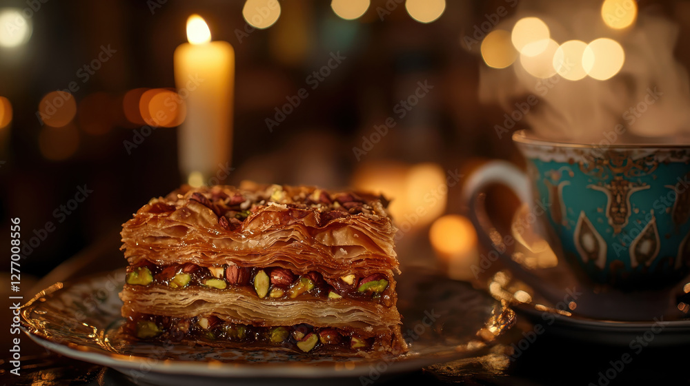 Naklejka premium Eid celebration with traditional sweets and warm candlelit ambiance