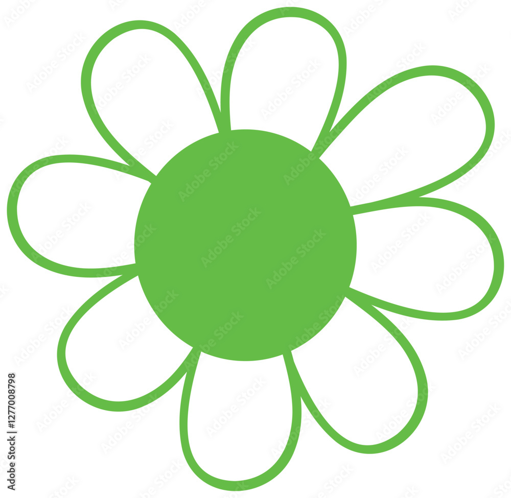 The sticker depicts a bright green, stylized flower, similar to a daisy, with a round center and symmetrical, curved petals. The sticker depicts a bright green, stylized flower, similar to a daisy, with a round center and symmetrical, curved petals.