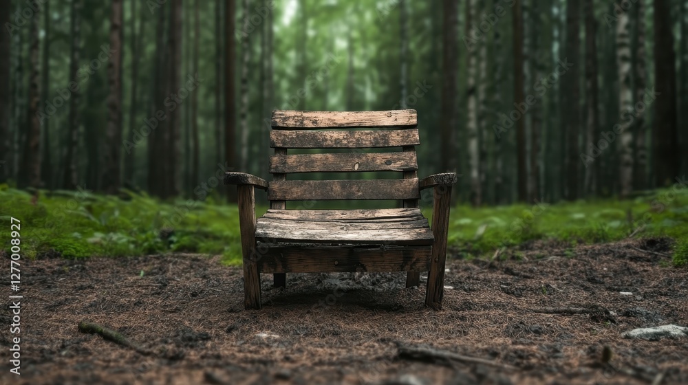 A rustic, worn-out wooden chair stands alone on the forest floor, surrounded by a lush carpet of pine needles and the gentle embrace of nature’s surroundings. A rustic, worn-out wooden chair stands alone on the forest floor, surrounded by a lush carpet of pine needles and the gentle embrace of nature’s surroundings.