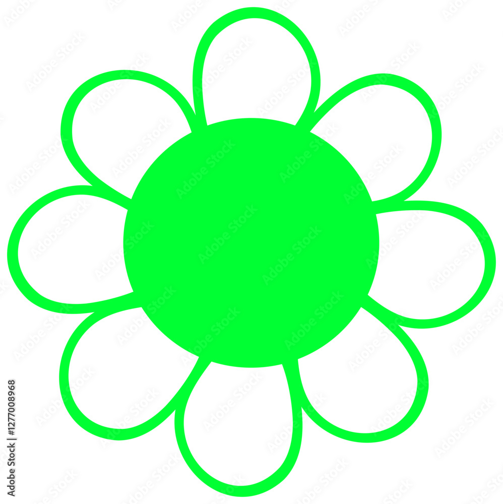 The sticker depicts a bright green, stylized flower, similar to a daisy, with a round center and symmetrical, curved petals. The sticker depicts a bright green, stylized flower, similar to a daisy, with a round center and symmetrical, curved petals.