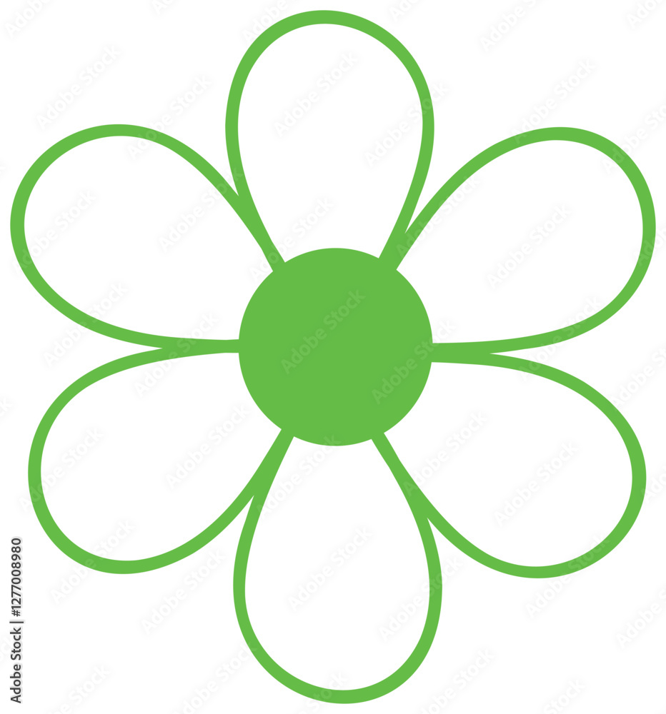 The sticker depicts a bright green, stylized flower, similar to a daisy, with a round center and symmetrical, curved petals. The sticker depicts a bright green, stylized flower, similar to a daisy, with a round center and symmetrical, curved petals.