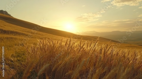 Golden wheat field sunset mountain range