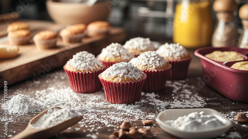 Close-up of reusable silicone cupcake mold with baked golden muffins dusted with powdered sugar on rustic wooden kitchen counter highlighting homemade baking and sweet dessert preparation photo